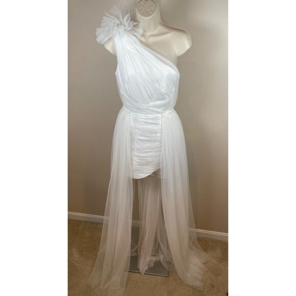 SAU LEE Sidney One Shoulder Ruched Tulle Mini Dress with Detachable Train Sz 2 - Picture 5 of 11
